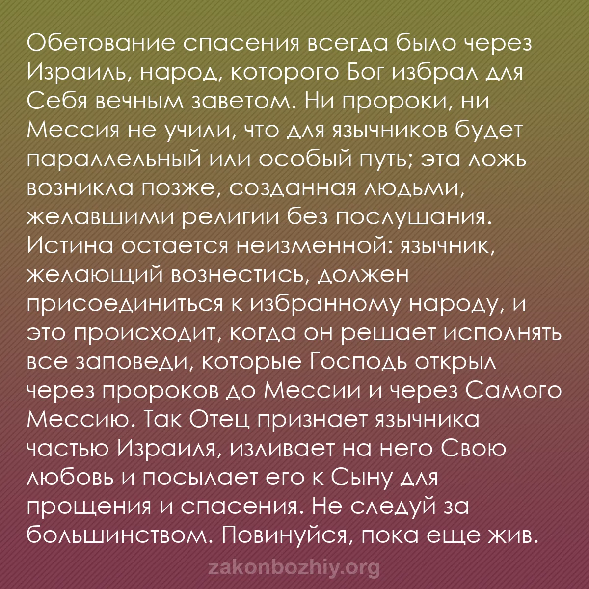 b0048 - Пост о Законе Божьем: Обетование спасения всегда было через Израиль, народ, которого...